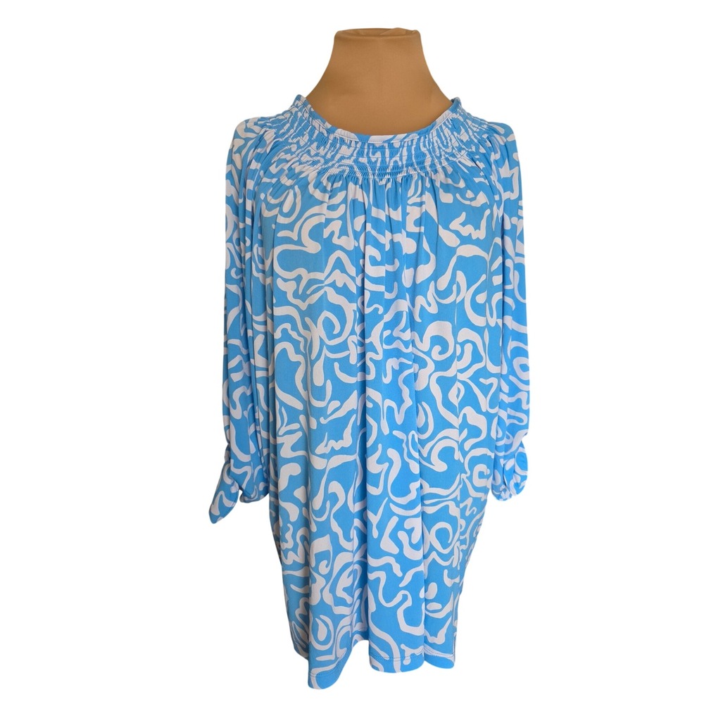 Susan Graver Liquid Knit Smocked Neck Tunic Top Blue White Swirl 1X A593343